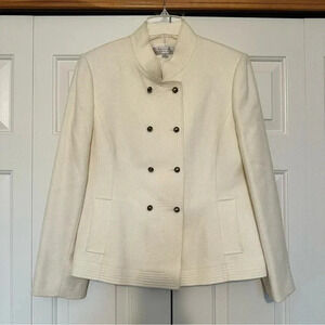 Tahari Ivory White Herringbone Wool Viscose blend Double Breasted Blazer